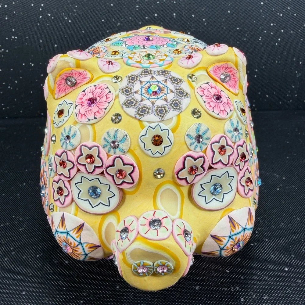 Billie Beads 2003 Handcrafted Piggy Bank Yellow Floral Millefiori Rhinestone 7in